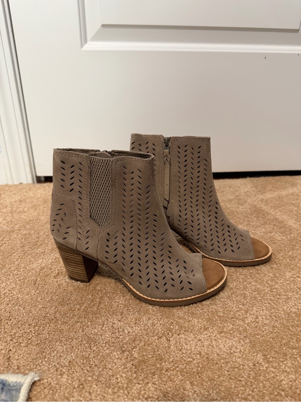 Toms Taupe Suede Peep-Toe Ankle Booties